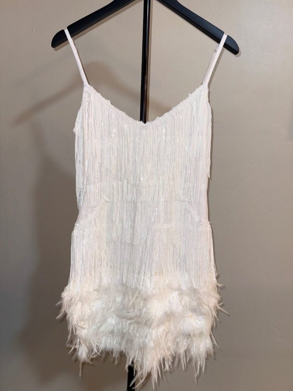 Meilun White Sequin Flapper Feather Mini Dress – Size S - 764